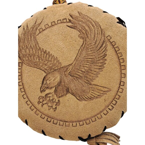 Handcrafted Canteen Round Suede Shoulder Bag With Embossed Eagle Design & Woven - Picture 3 of 8